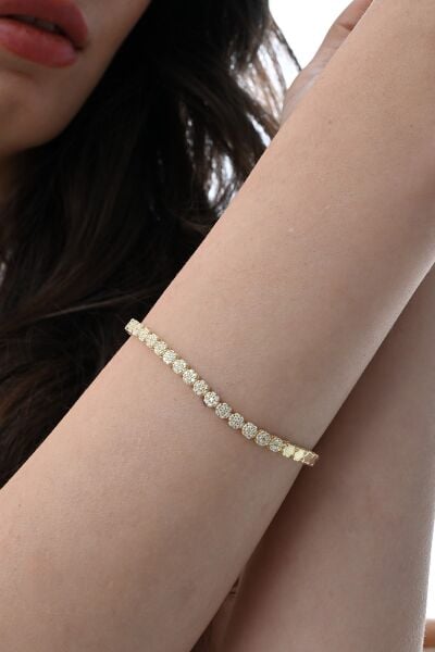 Gümüş altın yaldızlı zirkon taşlı modern görünümlü çiçek zinciri bileklik SGTL12850GOLD