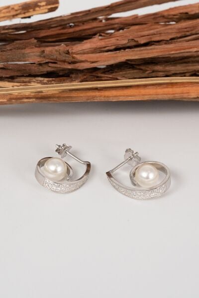 Gümüş rodyumlu zirkon taşlı sarmal model inci küpe SGTL13023RODAJ