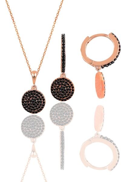 Gümüş rose onix taşlı yuvarlak kolye ve küpe ikili set SGTL12095SIYAH