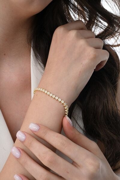Gümüş altın yaldızlı zirkon taşlı modern görünümlü kayan yıldızlar bileklik SGTL12851GOLD