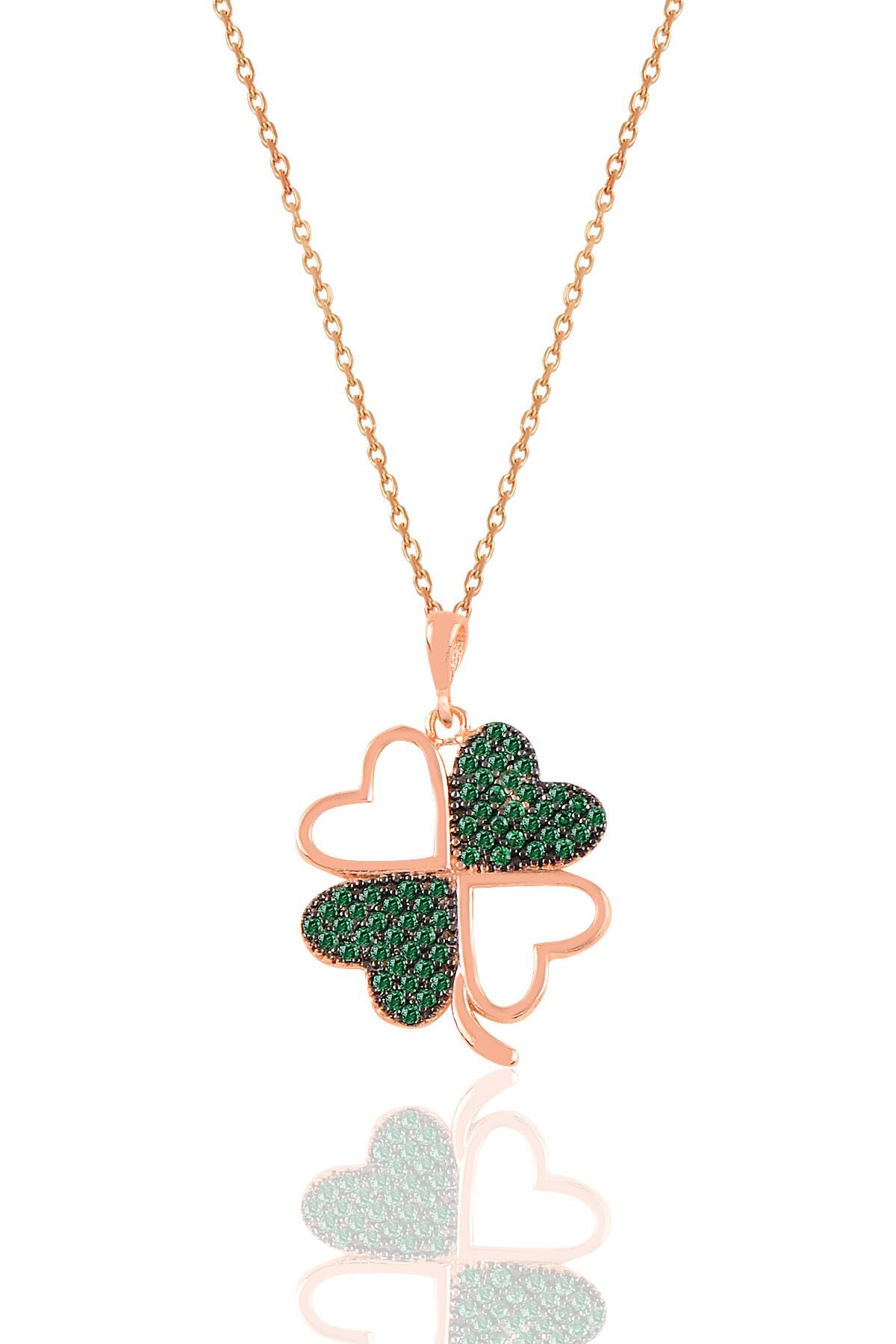 Gümüş rose yeşil taşlı yonca kolye SGTL10929YESIL
