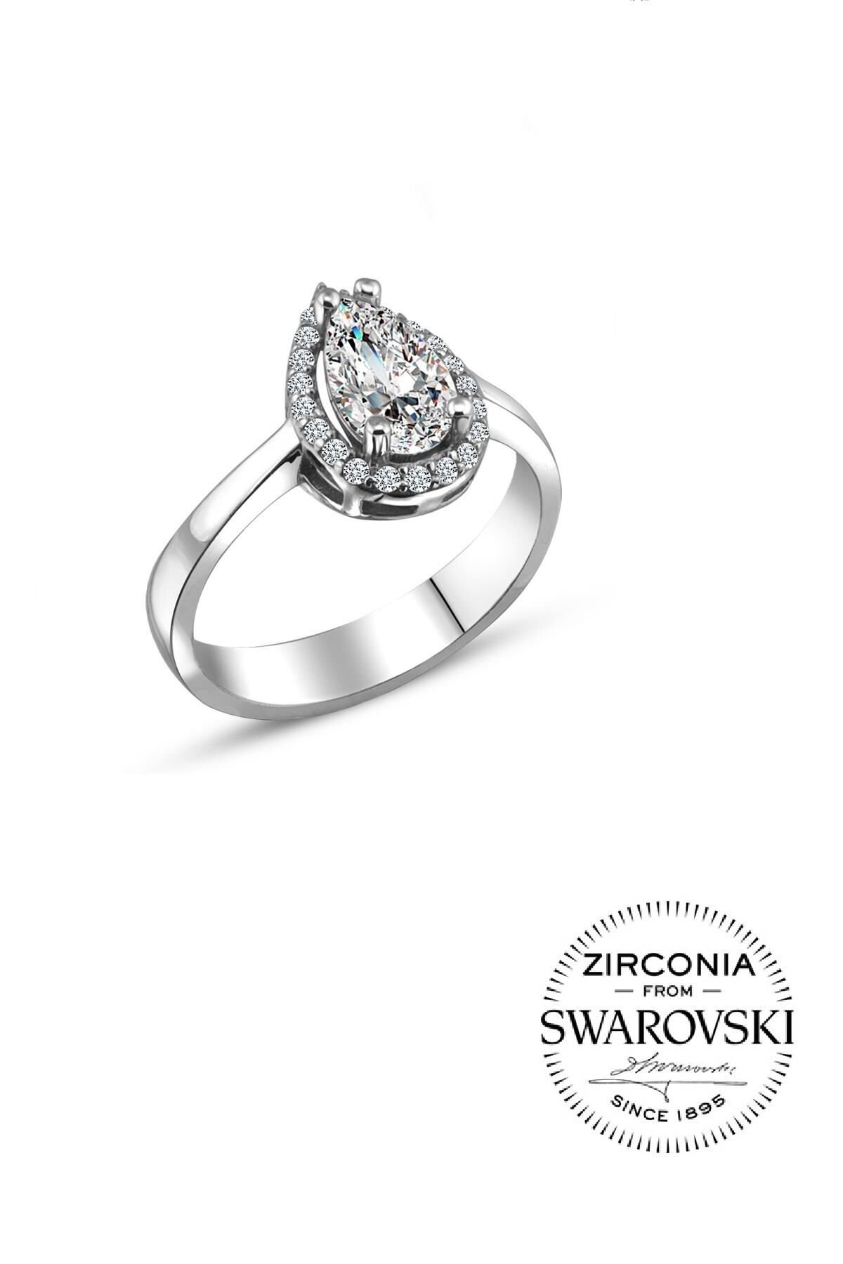 Gümüş Swarovski taşlı pırlanta modeli damla yüzük SGTL20517YZK