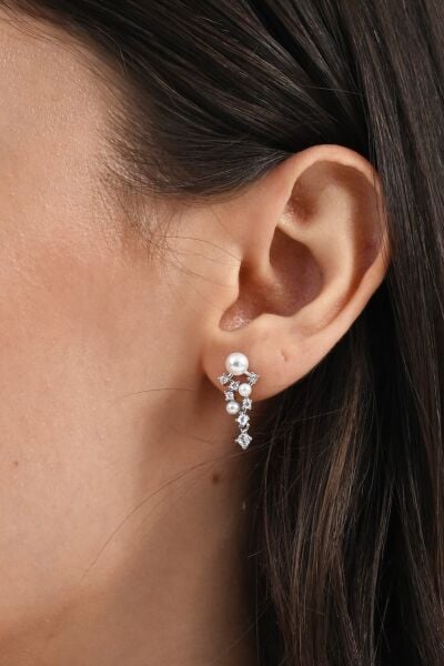 Gümüş rodyumlu zirkon taşlı incili salkım modeli küpe SGTL13026RODAJ