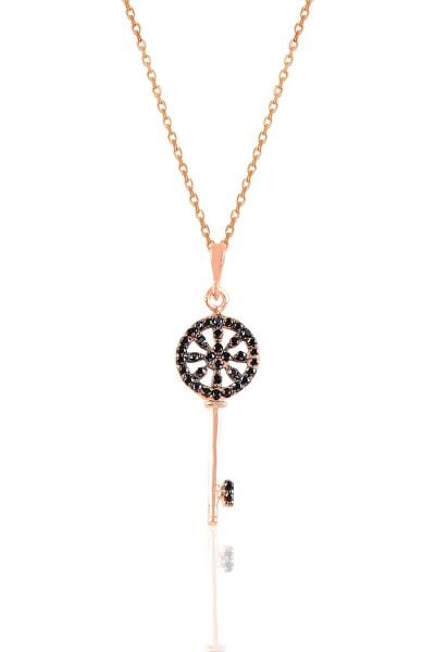 Gümüş rose siyah taşlı anahtar kolye SGTL10930SYH