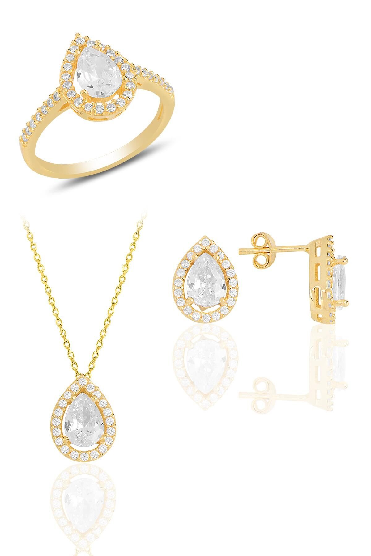 Gümüş altın yaldızlı zirkon taşlı damla modeli üçlü set SGTL11517BEYAZ