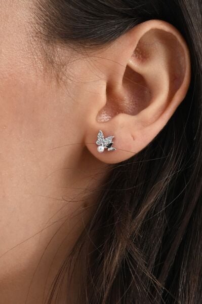 Gümüş rodyumlu inci ve zirkon taşlı çiftli kelebek gümüş küpe SGTL13029RODAJ