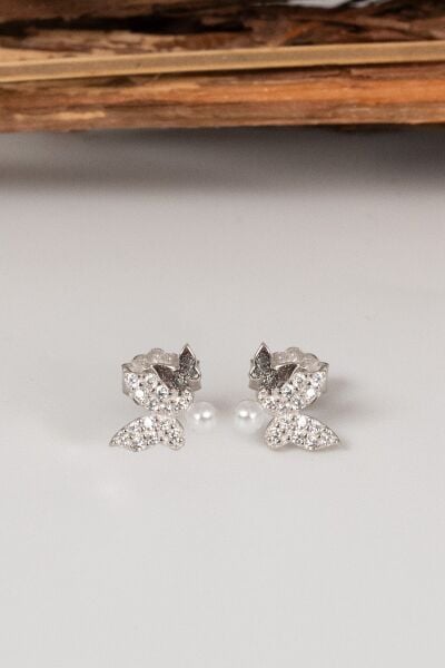 Gümüş rodyumlu inci ve zirkon taşlı çiftli kelebek gümüş küpe SGTL13029RODAJ