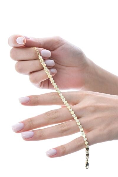 Gümüş altın yaldızlı zirkon taşlı modern görünümlü sevgi zinciri kalp bileklik SGTL12854GOLD