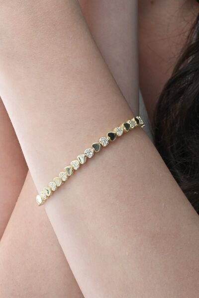 Gümüş altın yaldızlı zirkon taşlı modern görünümlü sevgi zinciri kalp bileklik SGTL12854GOLD