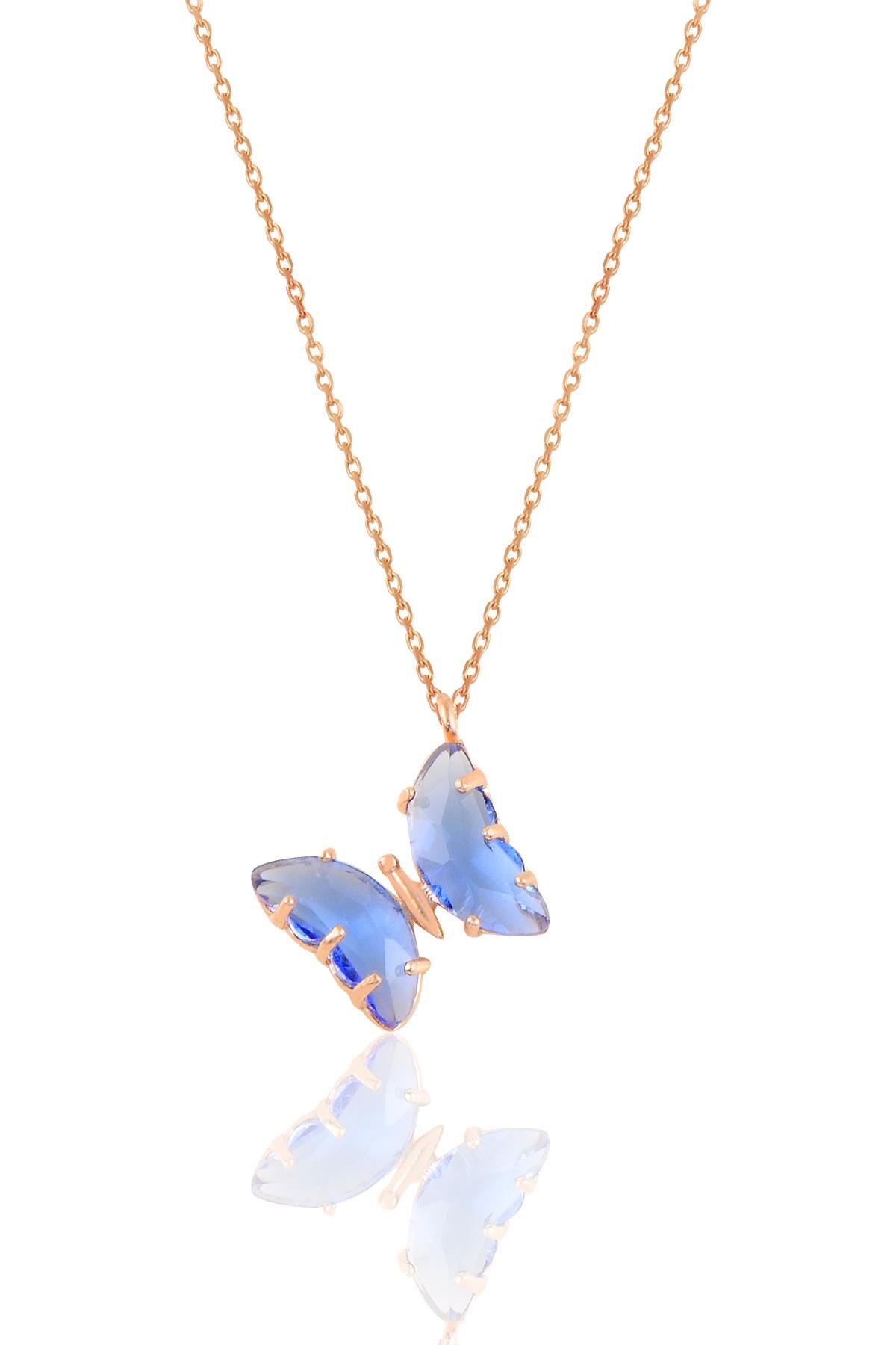 Gümüş rose açık lacivert taşlı tasarım kelebek kolye SGTL10932LACI