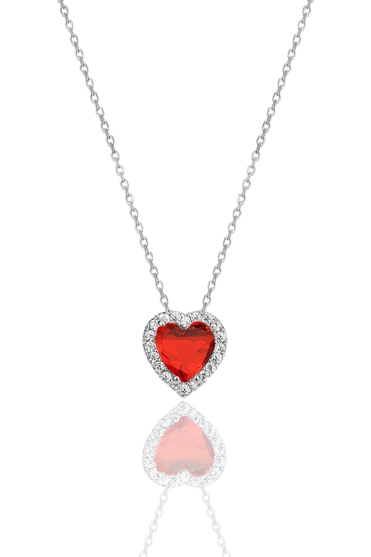 Gümüş rodyumlu kırmızı taşlı pırlanta montürlü Kalp modeli kolye SGTL12082KIRMIZI