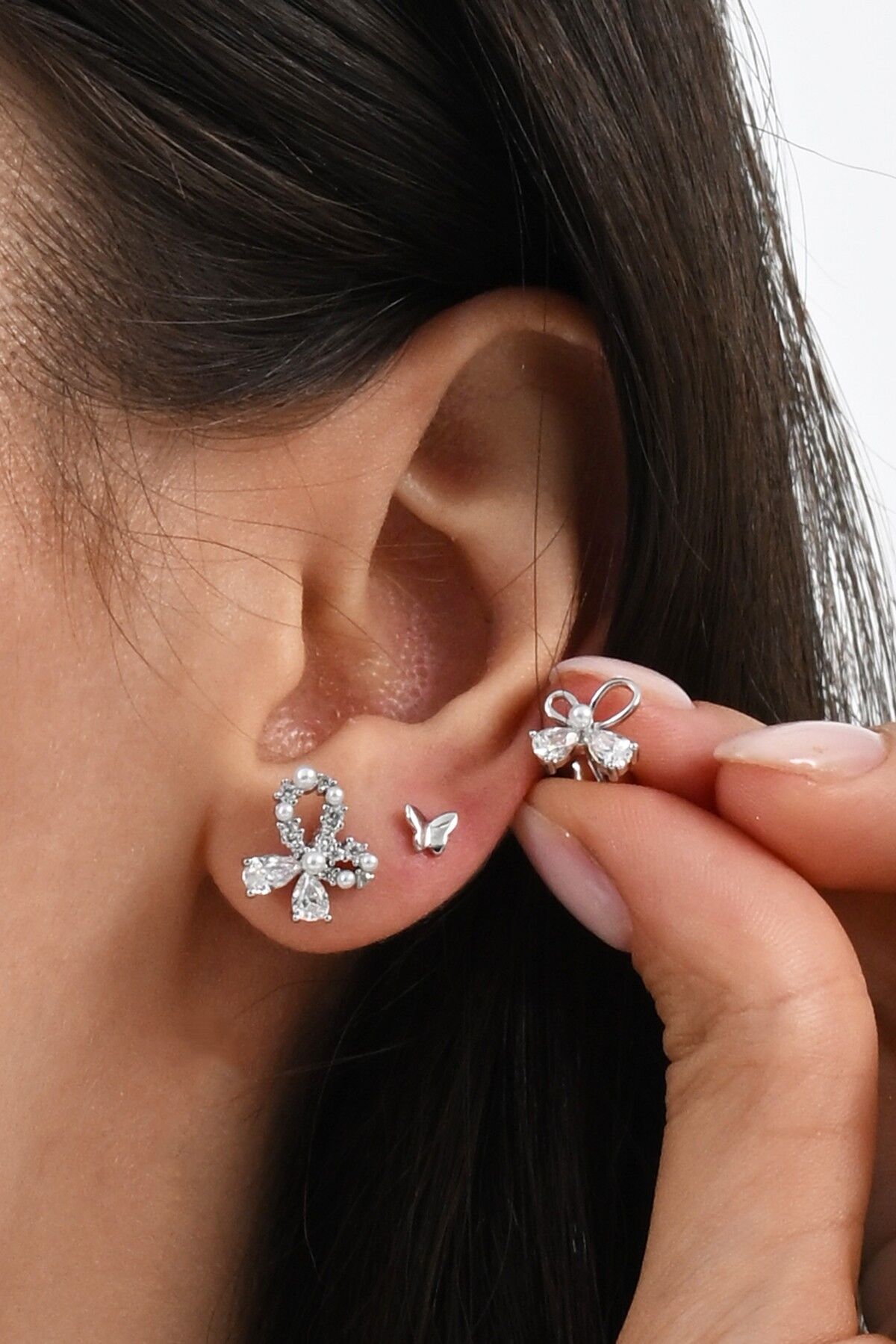 Gümüş rodyumlu zirkon taşlı incili kelebekler kombin küpe  SGTL13031RODAJ