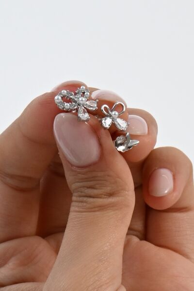 Gümüş rodyumlu zirkon taşlı incili kelebekler kombin küpe  SGTL13031RODAJ