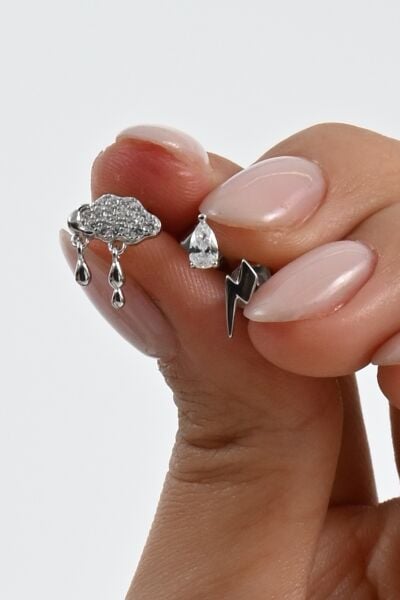 Gümüş rodyumlu zirkon taşlı bulut,damla ve şimşekten oluşan yağmur kombin küpe SGTL13033RODAJ