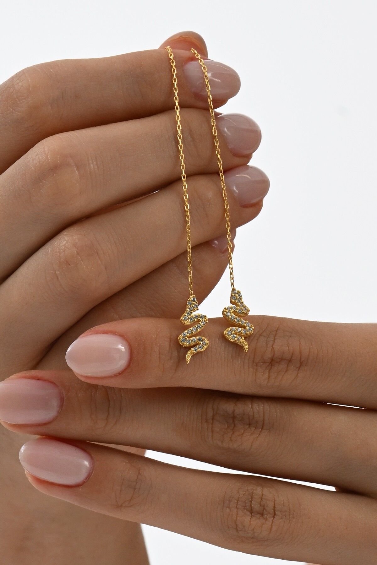 Gümüş altın yaldızlı zirkon taşlı yılan figürlü zincir küpe SGTL13034GOLD