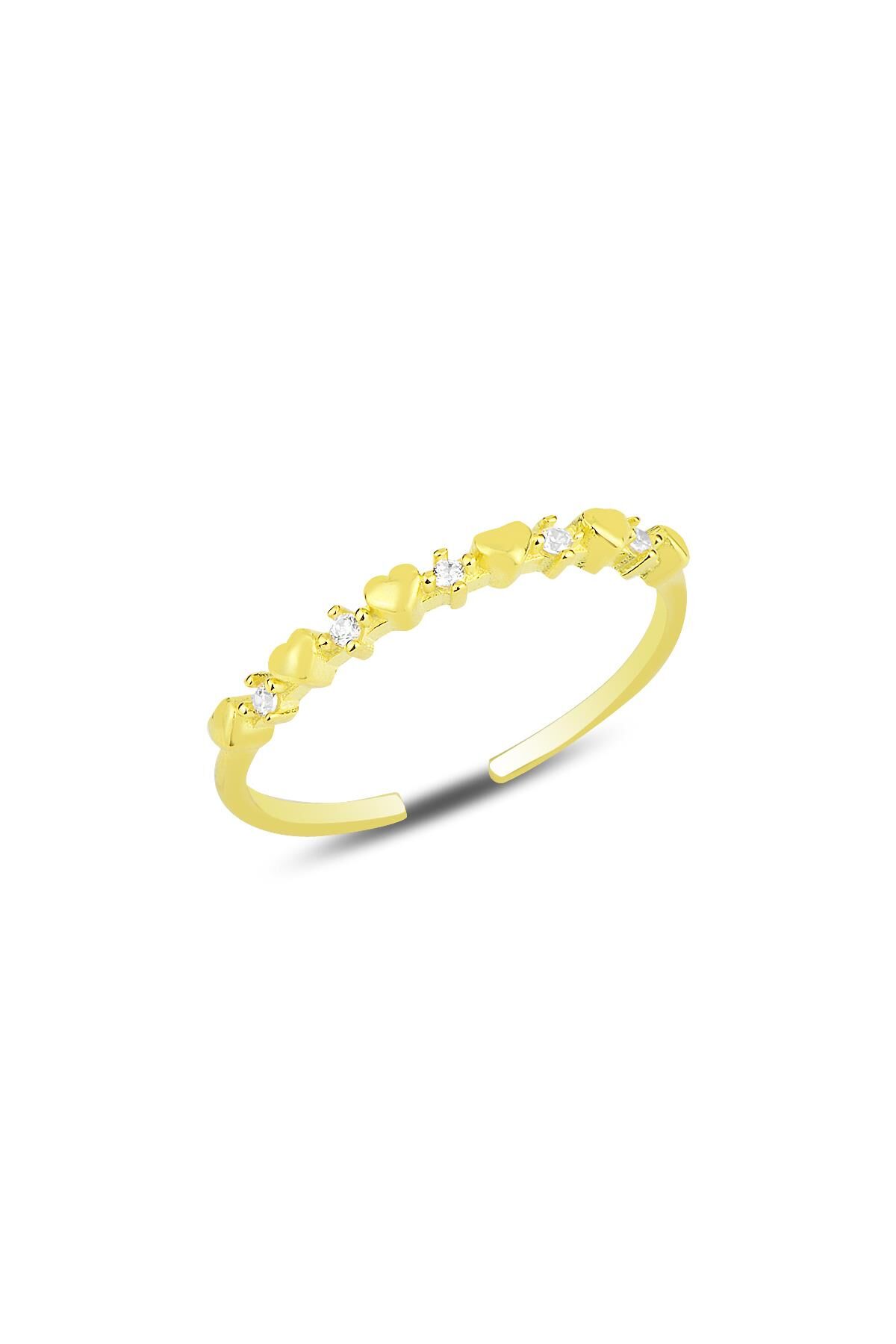 Gümüş altın yaldızlı zirkon taşlı minik kalpler ayarlamalı yüzük SGTL12174GOLD