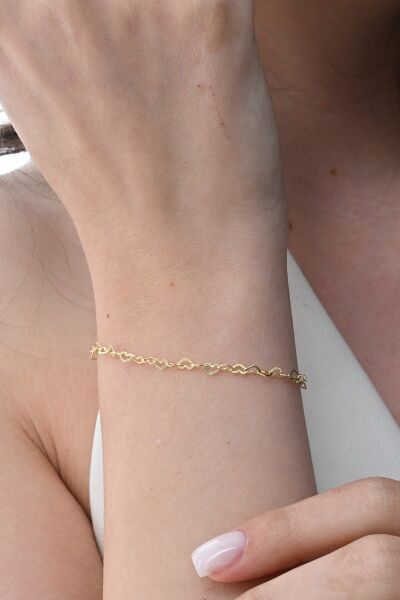 Gümüş altın yaldızlı tasarım birbirine bağlı kalpler zincir bileklik SGTL12857GOLD