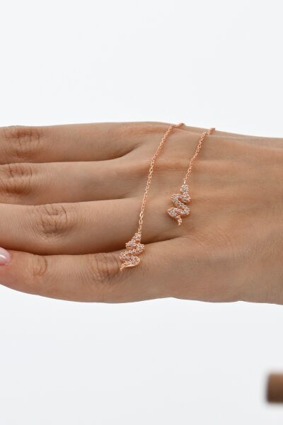 Gümüş rose zirkon taşlı yılan figürlü zincir küpe SGTL13034ROSE