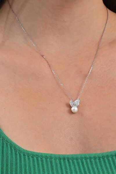 Gümüş rodyumlu zirkon taşlı yaprak modeli kolye ve küpeden oluşan ikili incili set  SGTL13035RODAJ