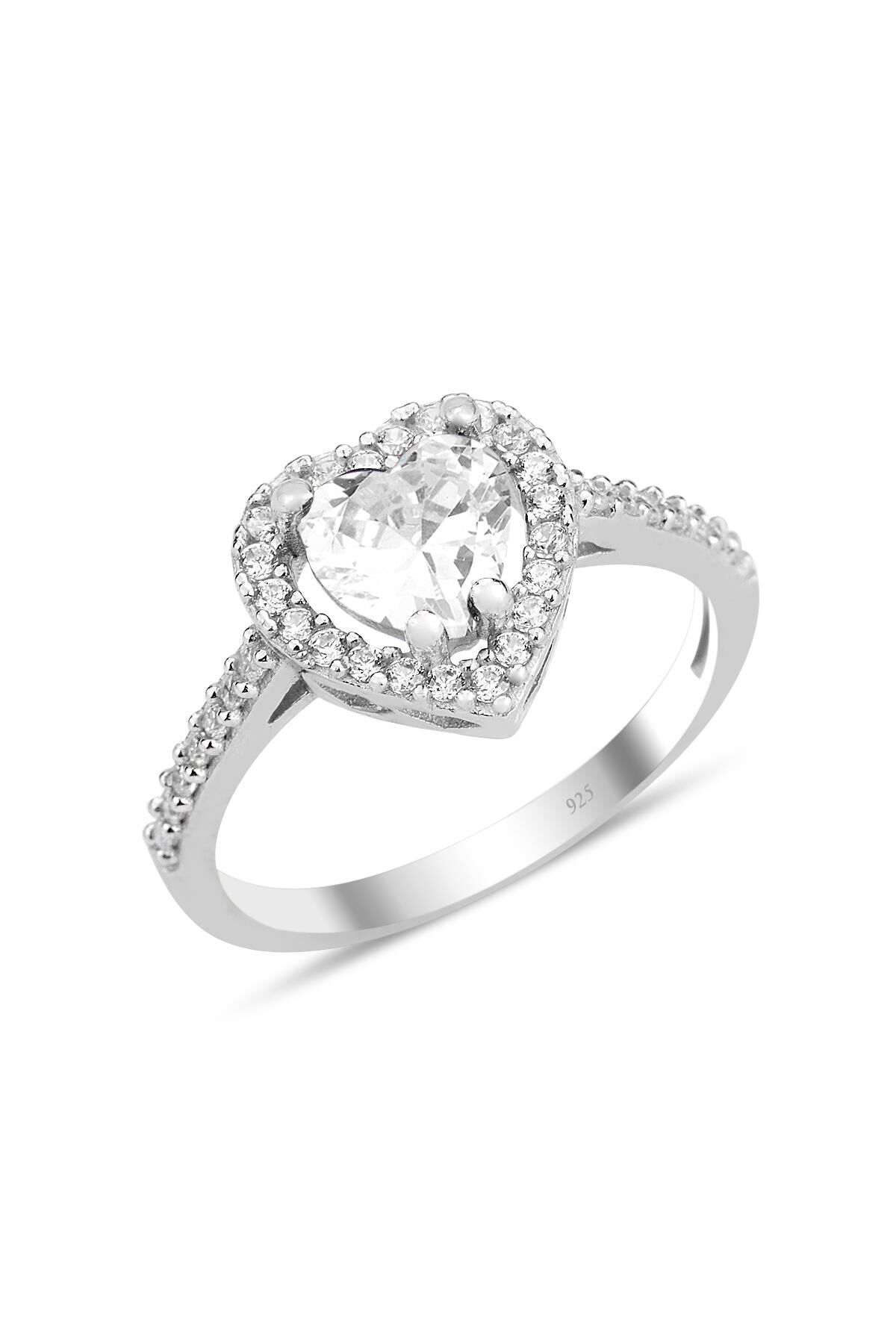 Gümüş rodyumlu zirkon taşlı pırlanta montürlü Kalp modeli yüzük SGTL12081BEYAZ