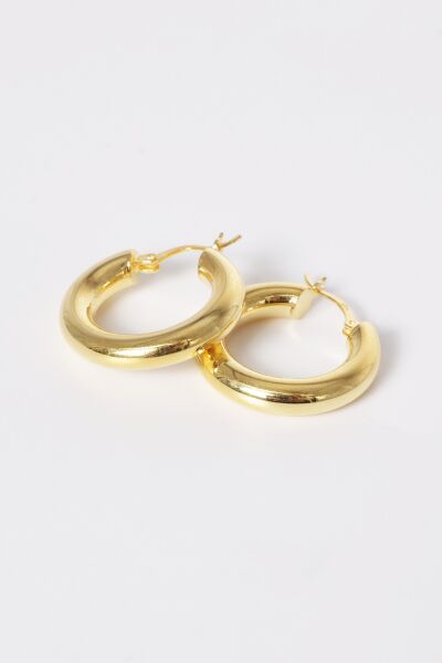 Gümüş altın yaldızlı 5 mm kalınlığında 25 mm büyüklüğünde kalın gümüş halka küpe SGTL10936GOLD