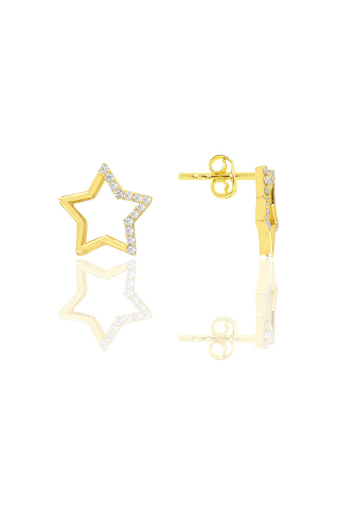 Gümüş altın yaldızlı zirkon taşlı çivi modeli yıldız küpe SGTL12214GOLD