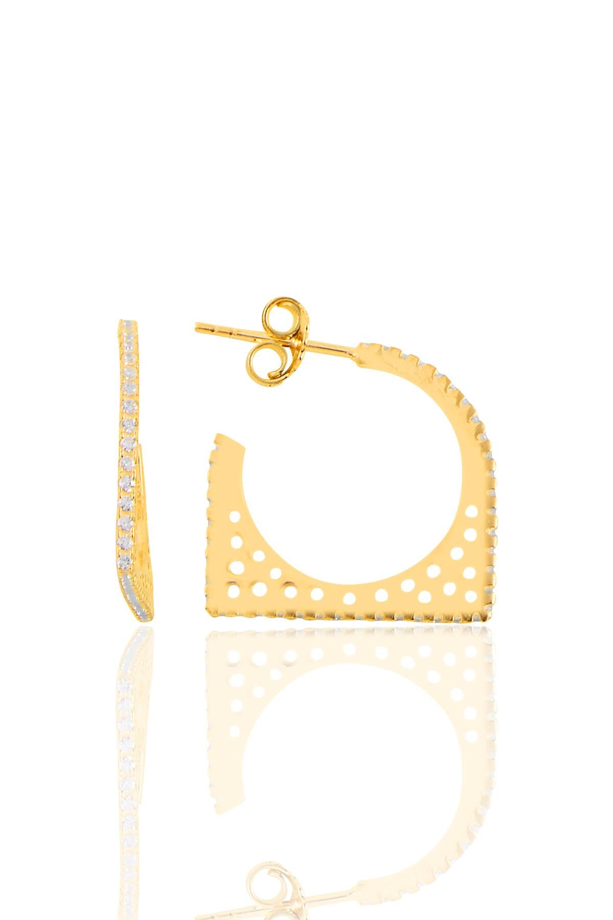 Gümüş altın yaldızlı zirkon taşlı geometrik küpe SGTL11155GOLD