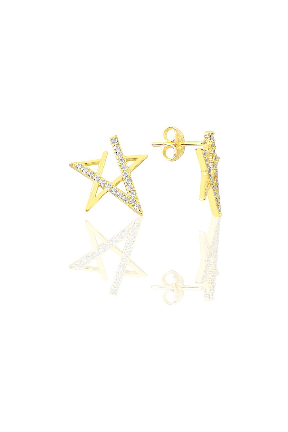 Gümüş Altın Yaldızlı Zirkon Taşlı Yıldız Küpe SGTL12213GOLD