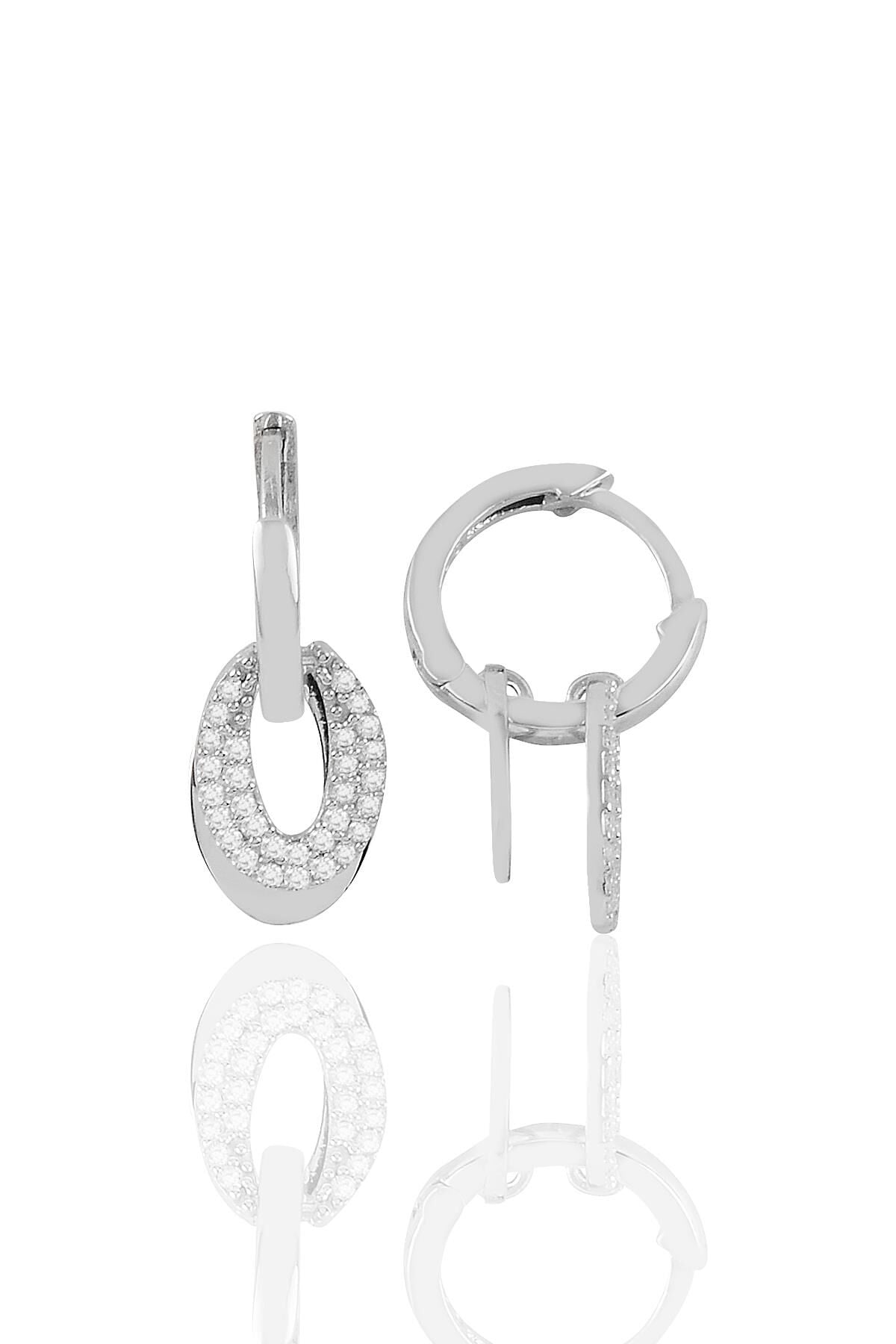 Gümüş rodyumlu zirkon taşlı oval sallantılı  halka küpe SGTL11154RODAJ