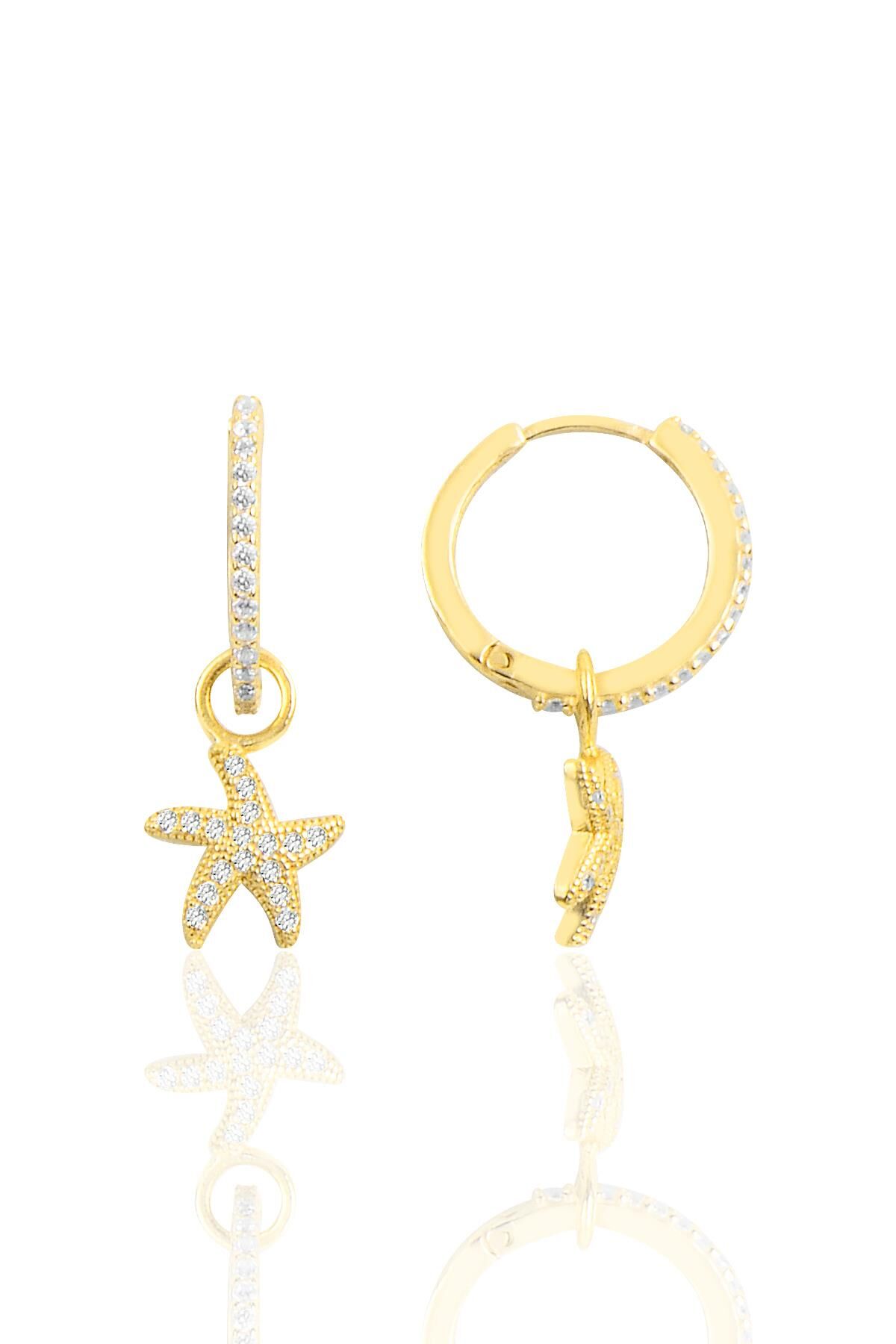 Gümüş altın yaldızlı zirkon taşlı deniz yıldızı halka küpe SGTL11306DNZYDZ