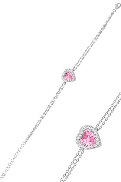 Gümüş rodyumlu pembe taşlı pırlanta modeli kalp kolye, küpe, bileklik üçlü set SGTL12211PEMBE