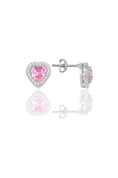 Gümüş rodyumlu pembe taşlı pırlanta modeli kalp kolye, küpe, bileklik üçlü set SGTL12211PEMBE