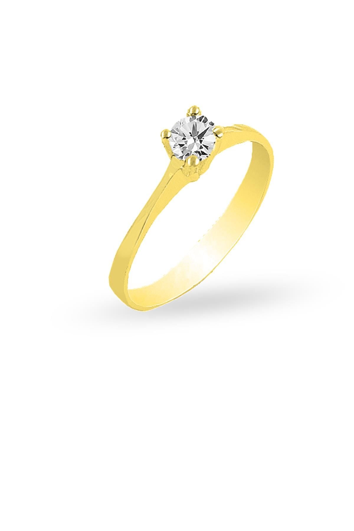 Gümüş altın yaldızlı zirkon taşlı tektaş yüzük SGTL12182GOLD