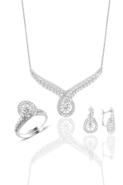 Gümüş rodyumlu  pırlanta modeli beyaz altın görünümlü kolye küpe ve yüzük seti SGTL10940