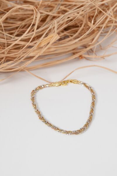 925 ayar gümüş altın, gümüş ve rose renkli örgülü italyan gümüş bileklik  SGTL13052RENKLI