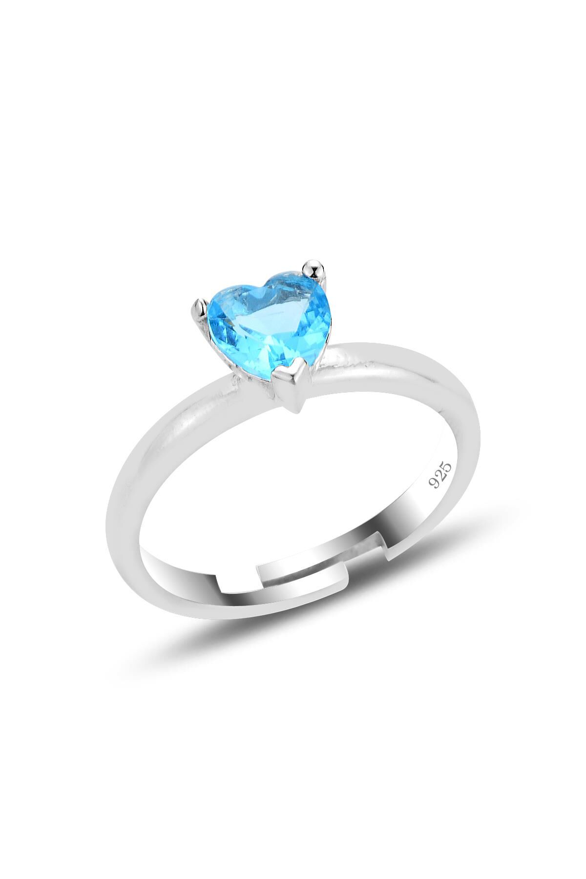 Gümüş rodyumlu akuamarin taşlı brilliant ayarlamalı kalp yüzük SGTL12526MAVI
