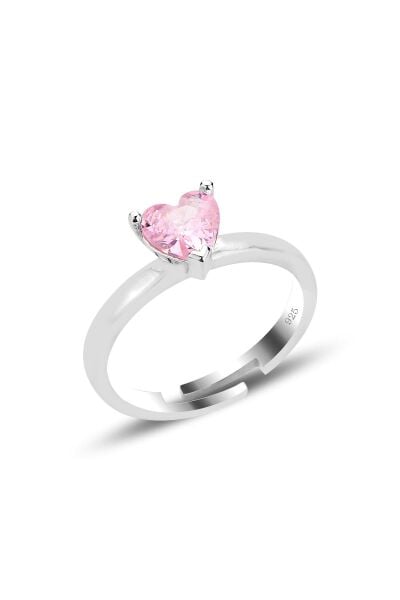 Gümüş rodyumlu pembe taşlı brilliant ayarlamalı kalp yüzük SGTL12526PEMBE