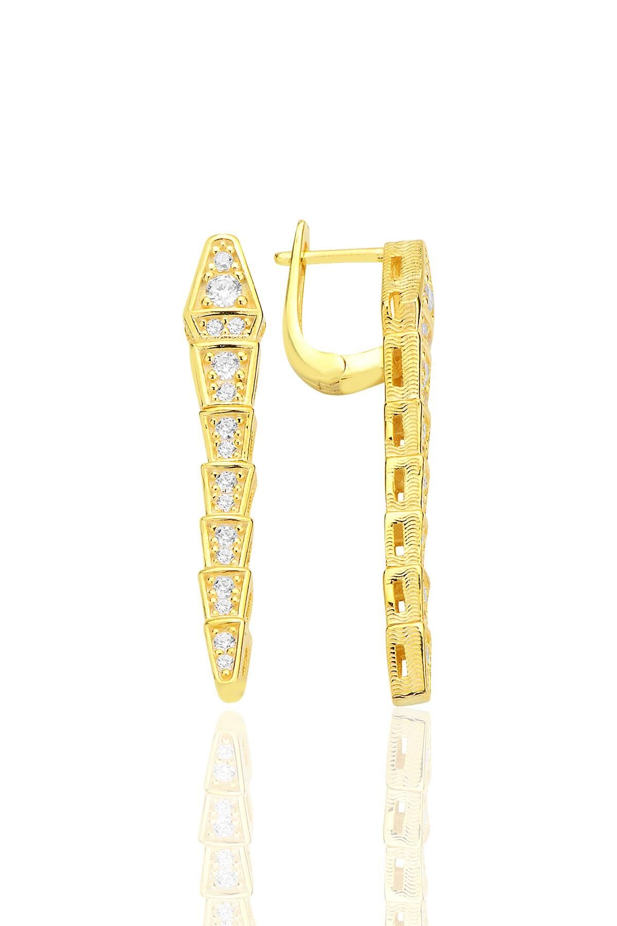 Gümüş altın yaldızlı zirkon taşlı özel tasarım hareketli yılan küpe SGTL12537GOLD