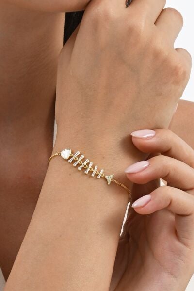 925 ayar gümüş altın yaldızlı sedef ve baget kesim zirkon taşlı asansörlü balık gümüş bileklik SGTL13057GOLD