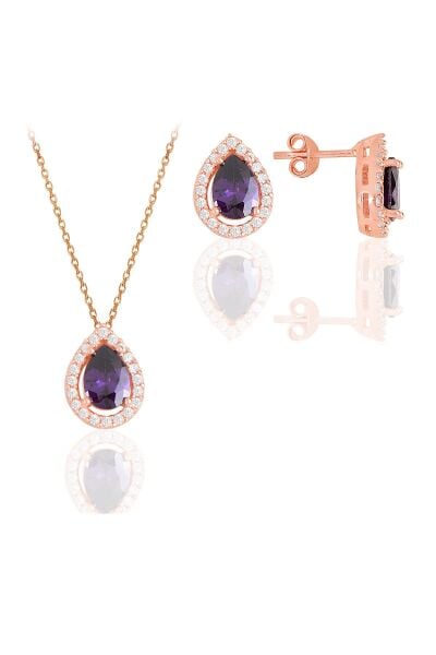 Gümüş rose ametis taşlı damla modeli ikili set SGTL11516MOR