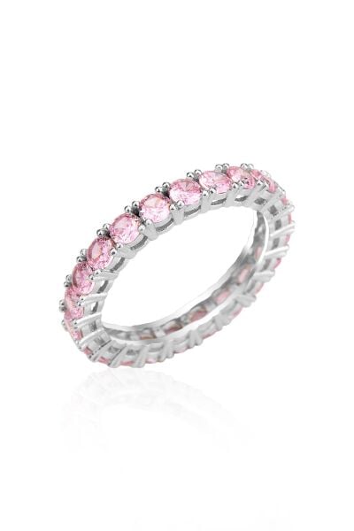 Gümüş rodyumlu pırlanta modeli pembe taşlı su yolu tamtur yüzük SGTL12497PEMBE