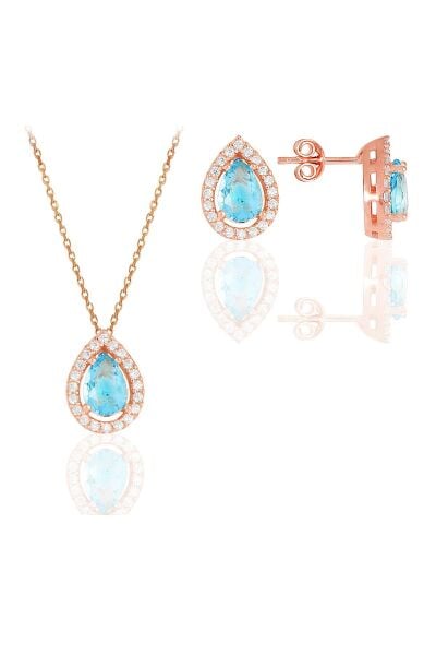Gümüş rose akuamarin taşlı damla modeli ikili set SGTL11516MAVI