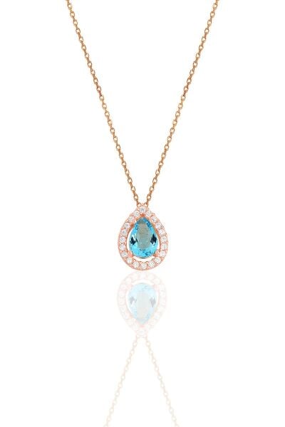 Gümüş rose akuamarin taşlı damla modeli ikili set SGTL11516MAVI