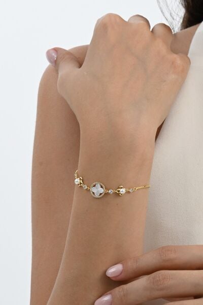 925 ayar gümüş altın yaldızlı inci, sedef ve zirkon taşlı asansörlü asil yonca gümüş bileklik SGTL13059GOLD