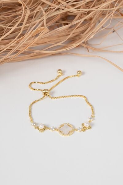 925 ayar gümüş altın yaldızlı inci, sedef ve zirkon taşlı asansörlü asil yonca gümüş bileklik SGTL13059GOLD