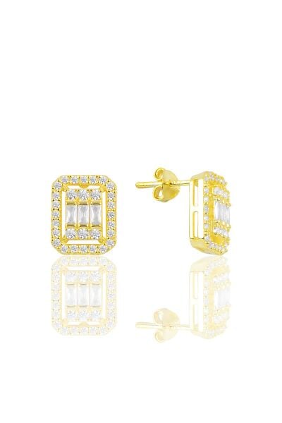 Gümüş altın yaldızlı baget taşlı küpe SGTL10123GOLD
