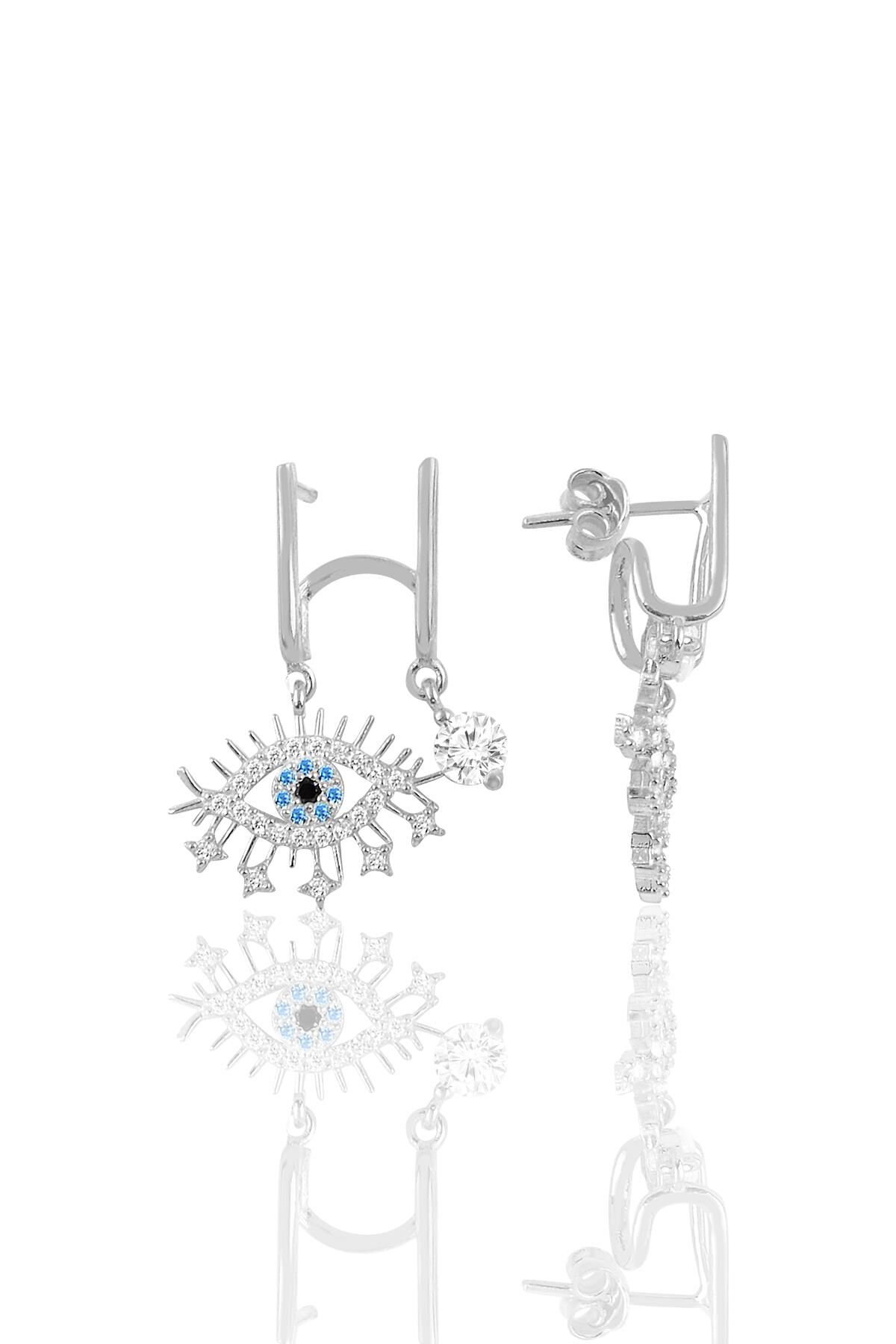 Gümüş rodyumlu  zirkon taşlı çift görünümlü gümüş lareyn kupe SGTL10696RODAJ