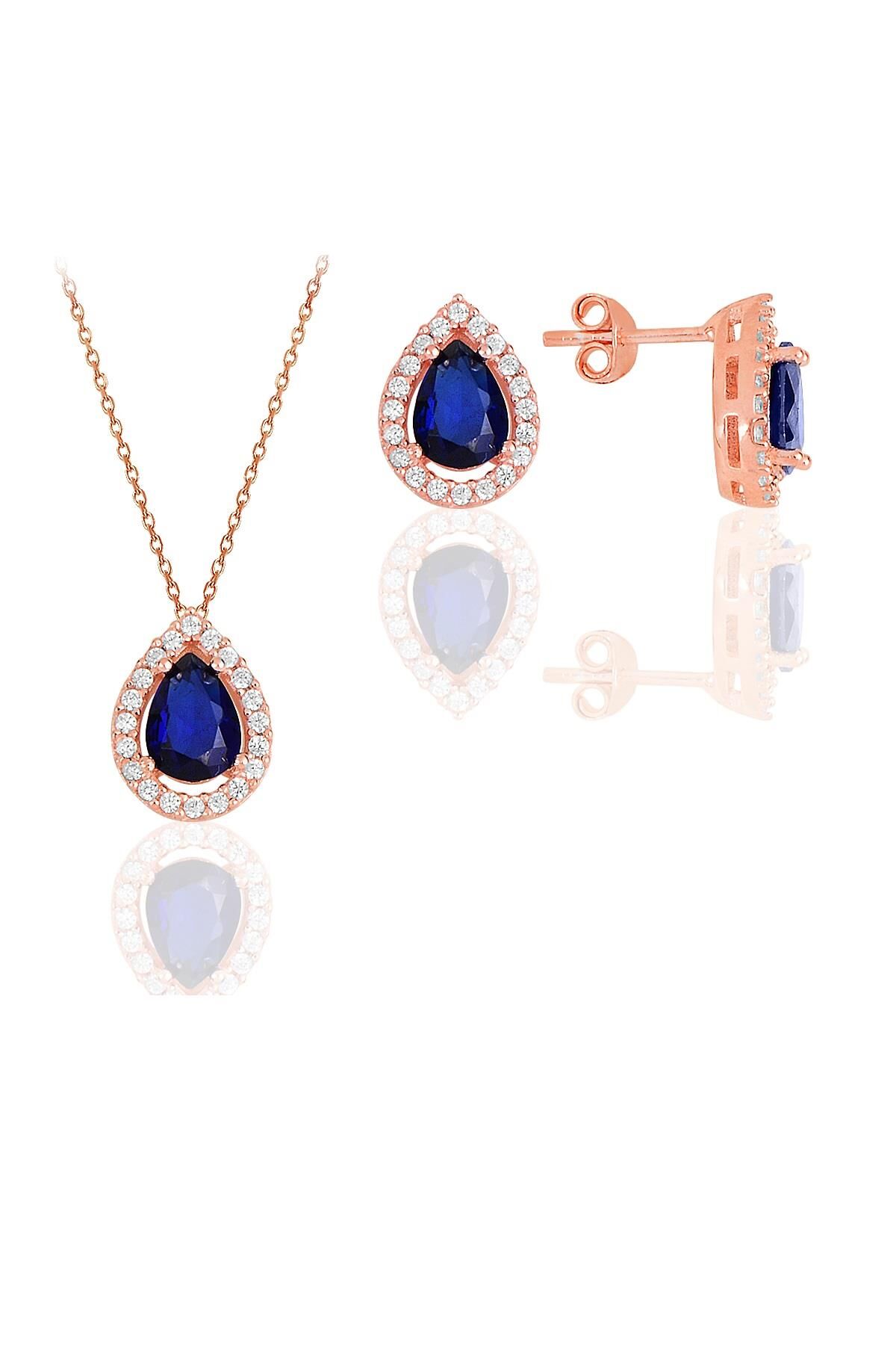 Gümüş rose safir taşlı damla modeli ikili set SGTL11516LACIVERT