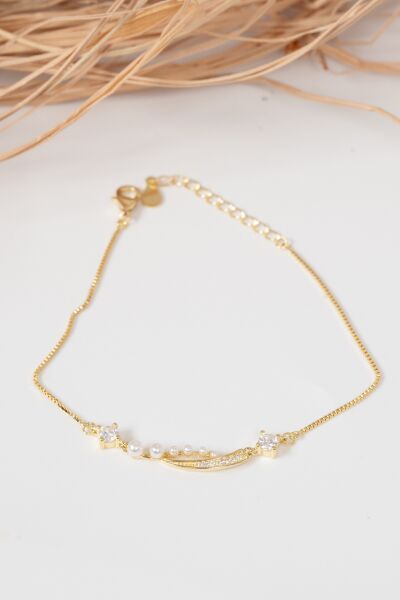 925 ayar gümüş altın yaldızlı inci ve zirkon taşlı parıltı seli gümüş bileklik SGTL13060GOLD