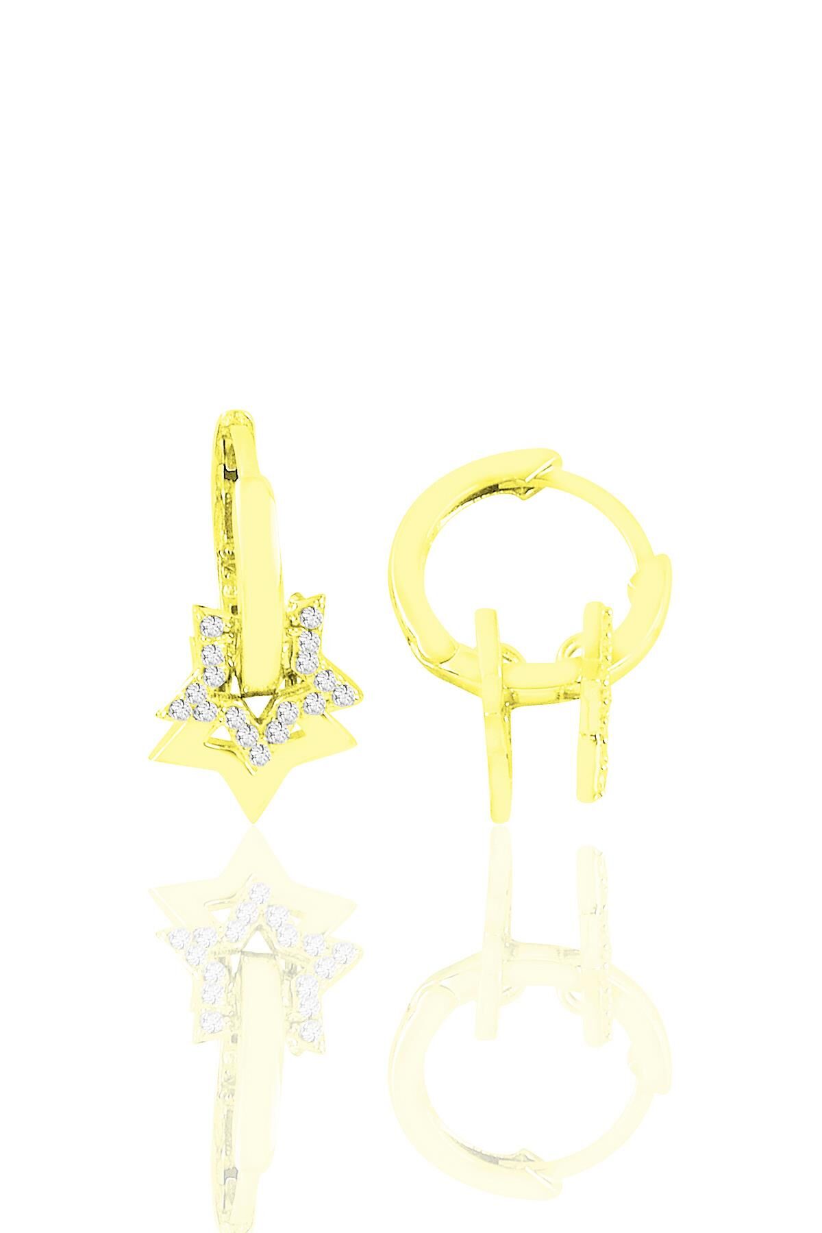 Gümüş Altın Yaldızlı Zirkon Taşlı Yıldız Sallantılı Halka Küpe SGTL11152GOLD